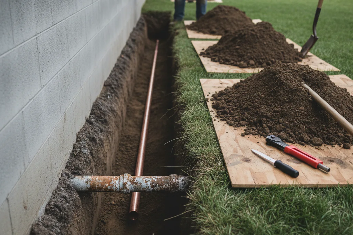 Excavated water line trench during Sewer Line Repair in Carnelian Bay